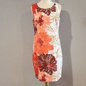 Talbots Lined White Multi-color Floral Sleeveless Midi Shift Dress Size 12